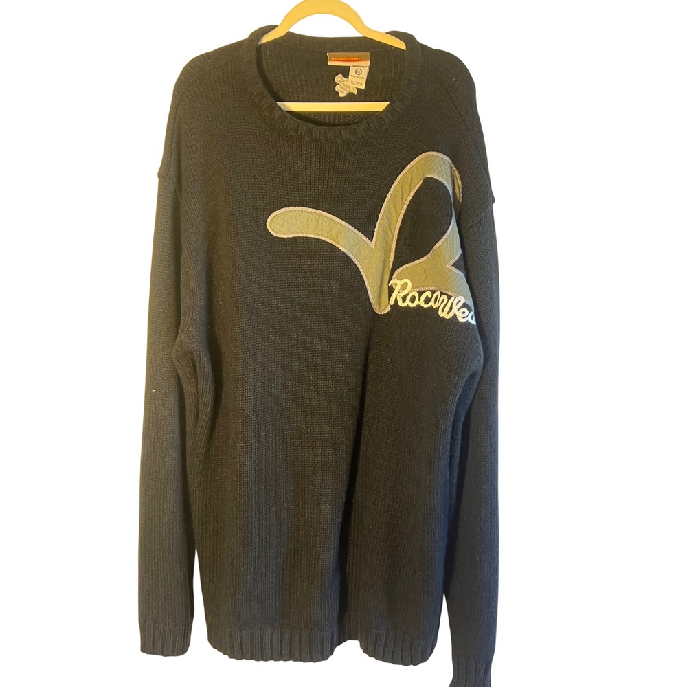 Vintage Rocawear Sweater Mens 3XL Black Grey Knit Pullover Hip Hop Streetwear
